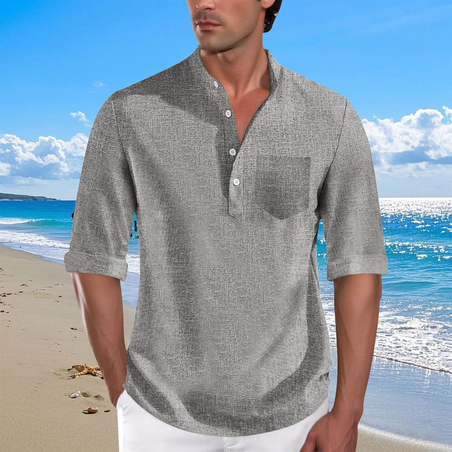 Men's Polo Shirts Mock Neck Roll-Up 3/4 Sleeve Pullover Shirt Solid Color Casual T-Shirt with Pocket Faux Cotton Linen Tee