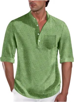Men's Polo Shirts Mock Neck Roll-Up 3/4 Sleeve Pullover Shirt Solid Color Casual T-Shirt with Pocket Faux Cotton Linen Tee