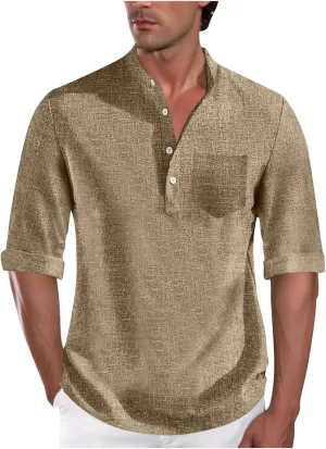 Men's Polo Shirts Mock Neck Roll-Up 3/4 Sleeve Pullover Shirt Solid Color Casual T-Shirt with Pocket Faux Cotton Linen Tee