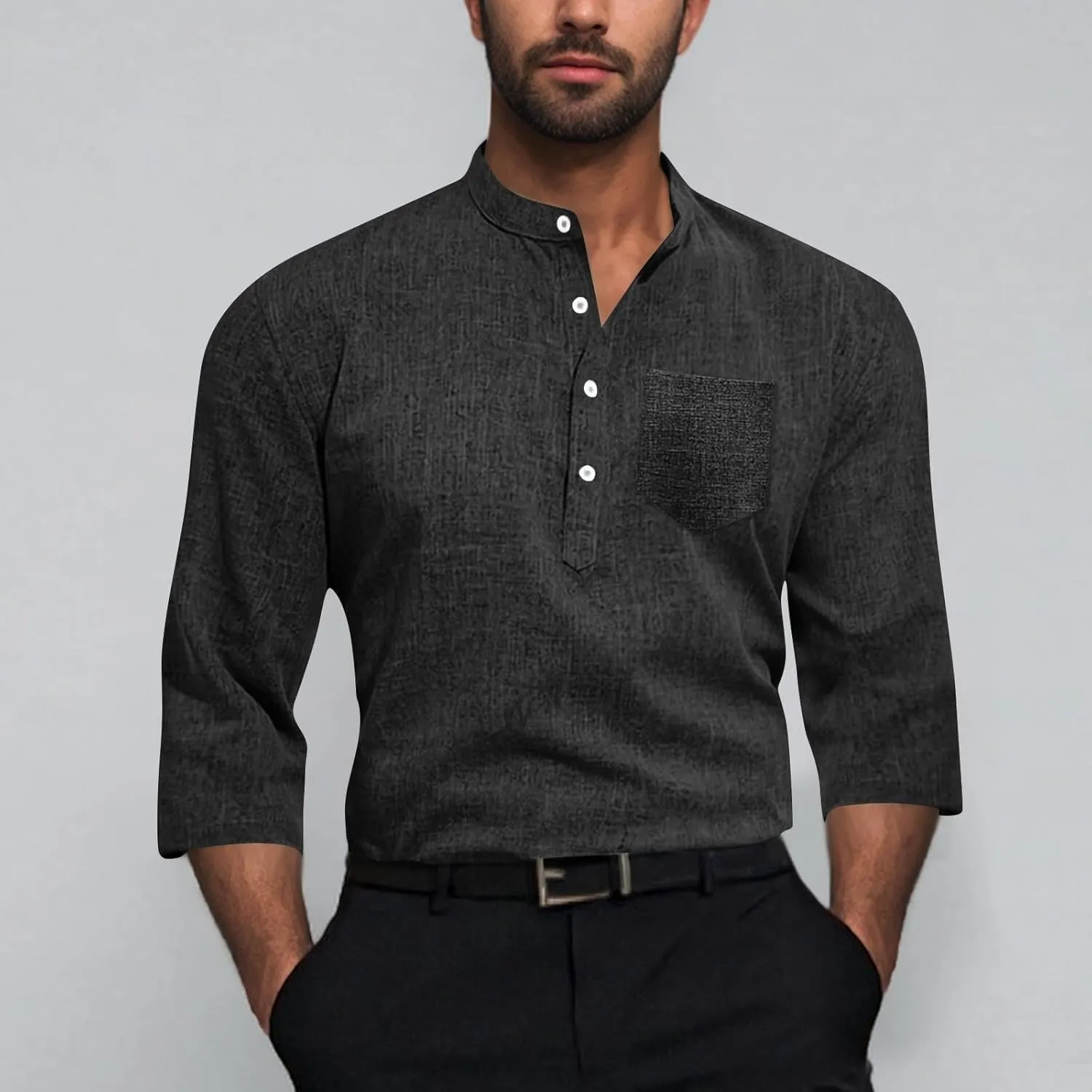 Men's Polo Shirts Mock Neck Roll-Up 3/4 Sleeve Pullover Shirt Solid Color Casual T-Shirt with Pocket Faux Cotton Linen Tee