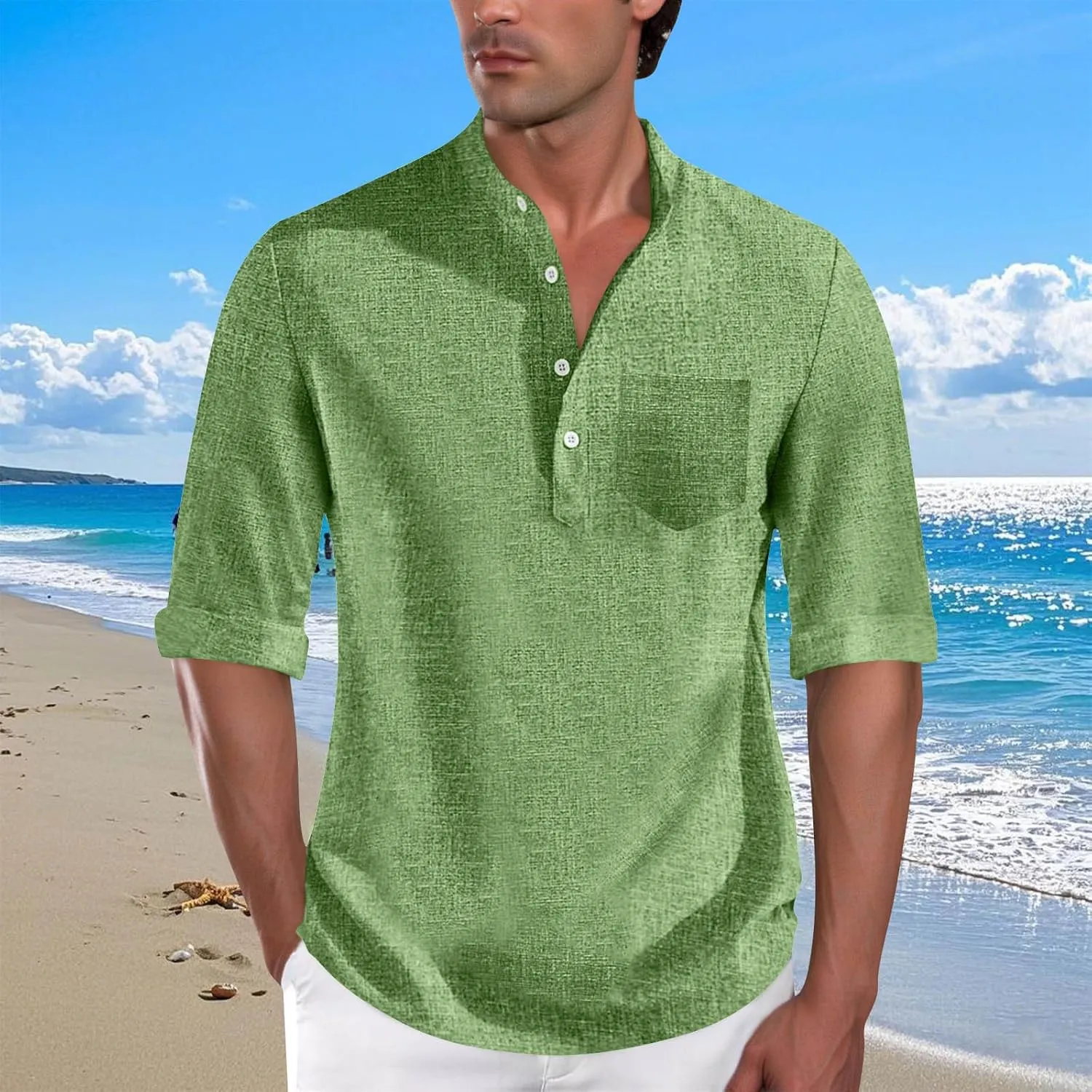 Men's Polo Shirts Mock Neck Roll-Up 3/4 Sleeve Pullover Shirt Solid Color Casual T-Shirt with Pocket Faux Cotton Linen Tee