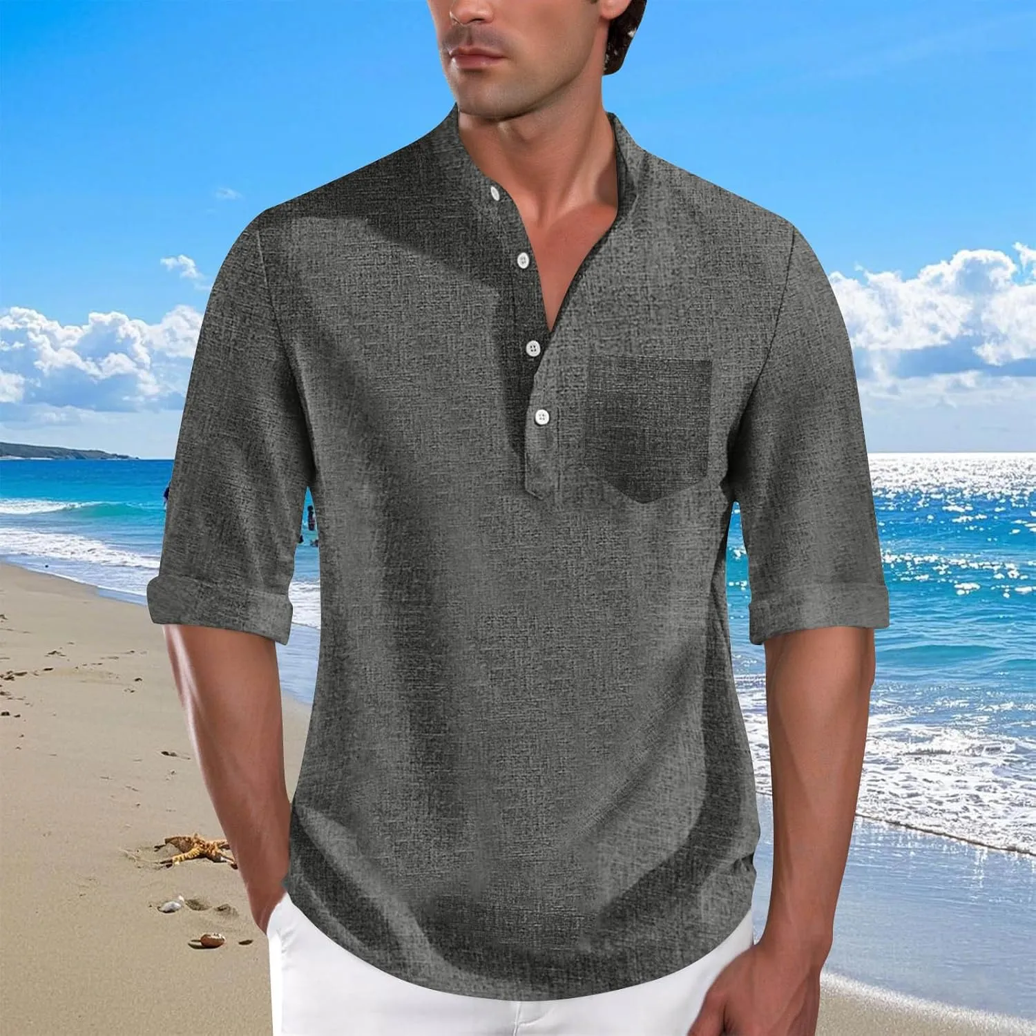 Men's Polo Shirts Mock Neck Roll-Up 3/4 Sleeve Pullover Shirt Solid Color Casual T-Shirt with Pocket Faux Cotton Linen Tee