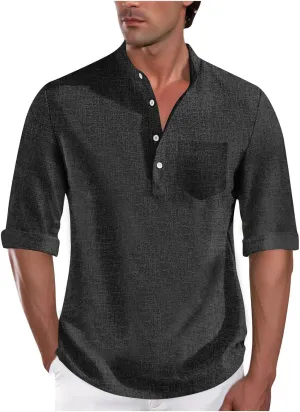 Men's Polo Shirts Mock Neck Roll-Up 3/4 Sleeve Pullover Shirt Solid Color Casual T-Shirt with Pocket Faux Cotton Linen Tee