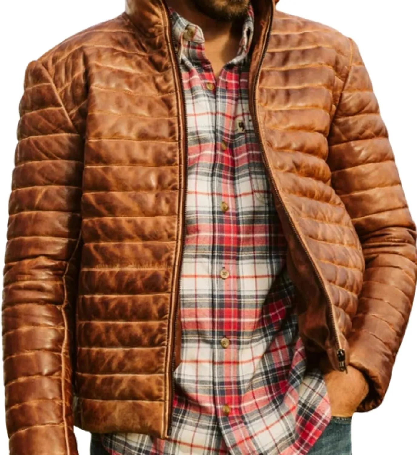 Mens Puffer Jacket Real Lambskin Leather Down Jacket Lightweight Zip Up Winter Mens Puffer Coat
