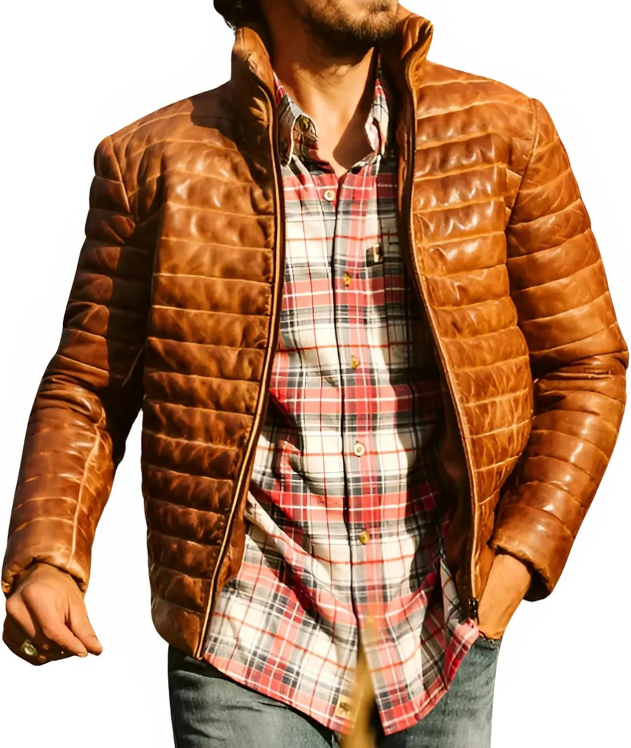 Mens Puffer Jacket Real Lambskin Leather Down Jacket Lightweight Zip Up Winter Mens Puffer Coat