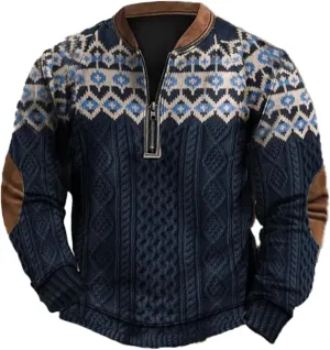 Mens Quarter Zip Pullover Sweater 3D Pattern Long Sleeve Knit Print Sweatshirts Casual Retro Graphic Jumper Polos