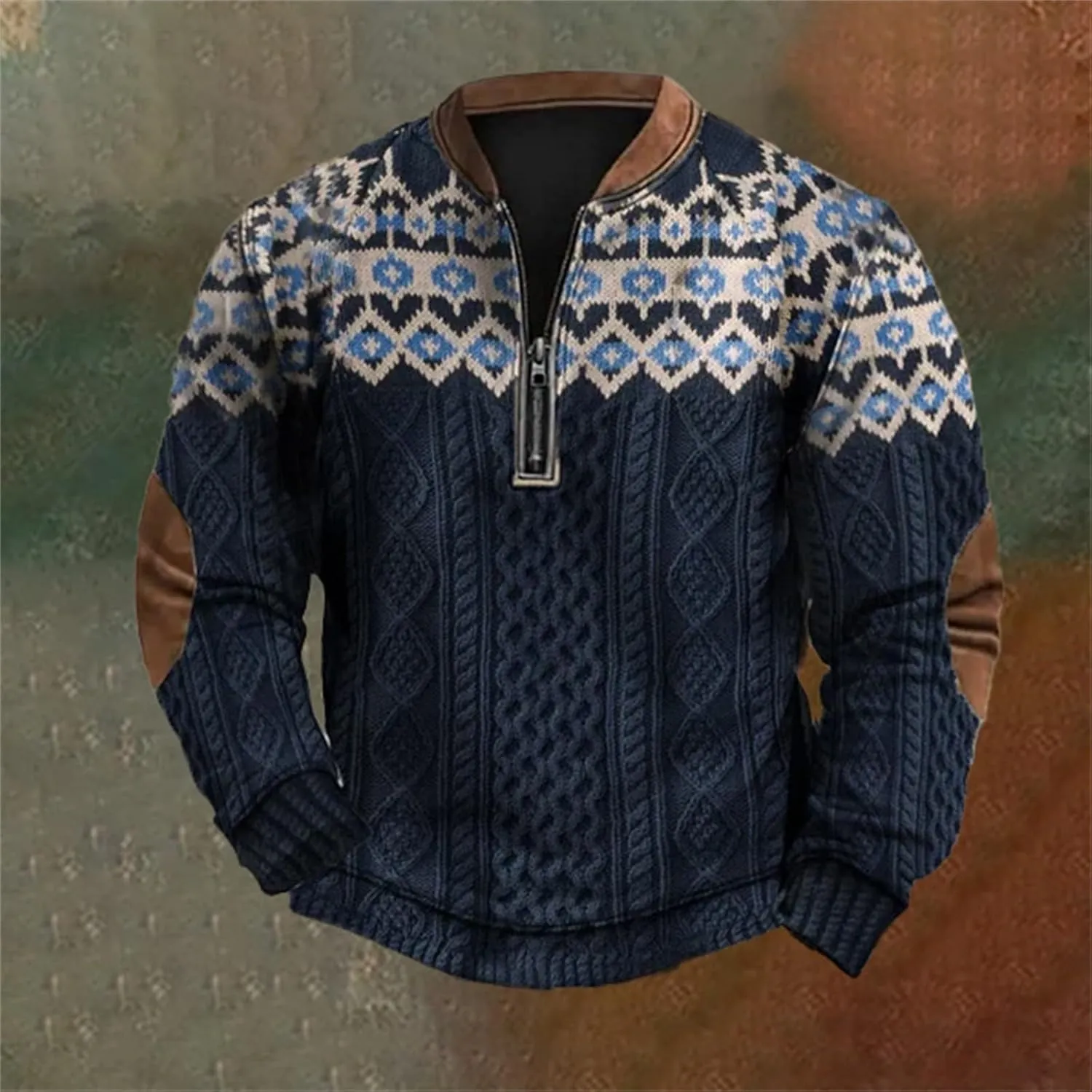 Mens Quarter Zip Pullover Sweater 3D Pattern Long Sleeve Knit Print Sweatshirts Casual Retro Graphic Jumper Polos