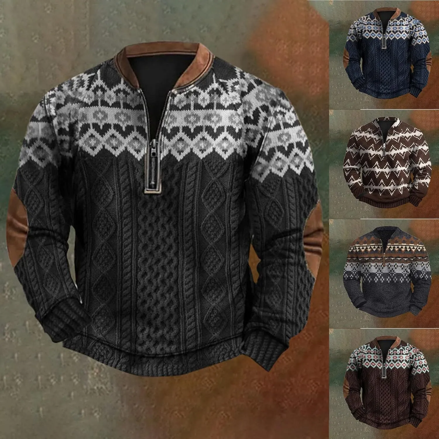 Mens Quarter Zip Pullover Sweater 3D Pattern Long Sleeve Knit Print Sweatshirts Casual Retro Graphic Jumper Polos