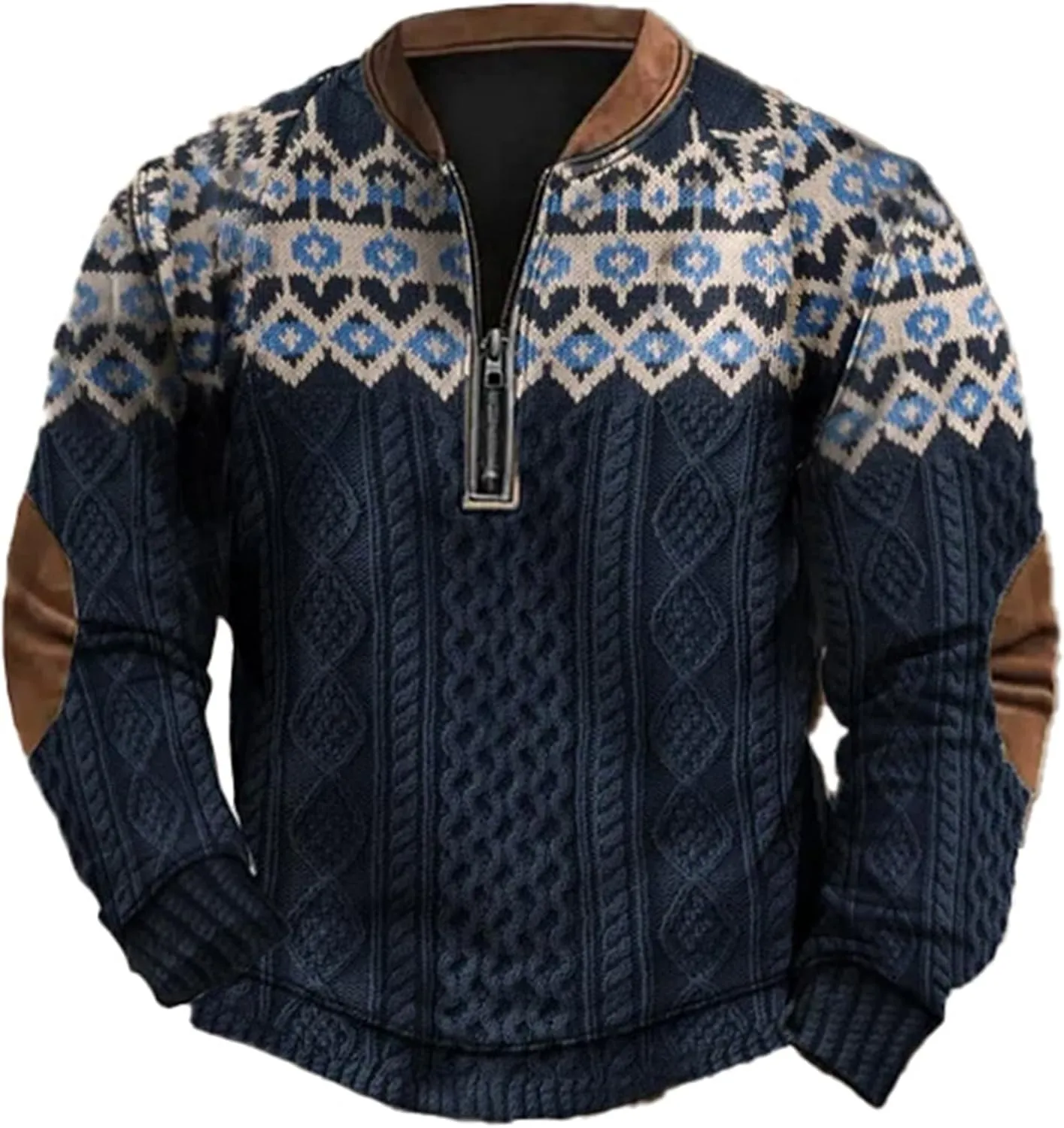 Mens Quarter Zip Pullover Sweater 3D Pattern Long Sleeve Knit Print Sweatshirts Casual Retro Graphic Jumper Polos