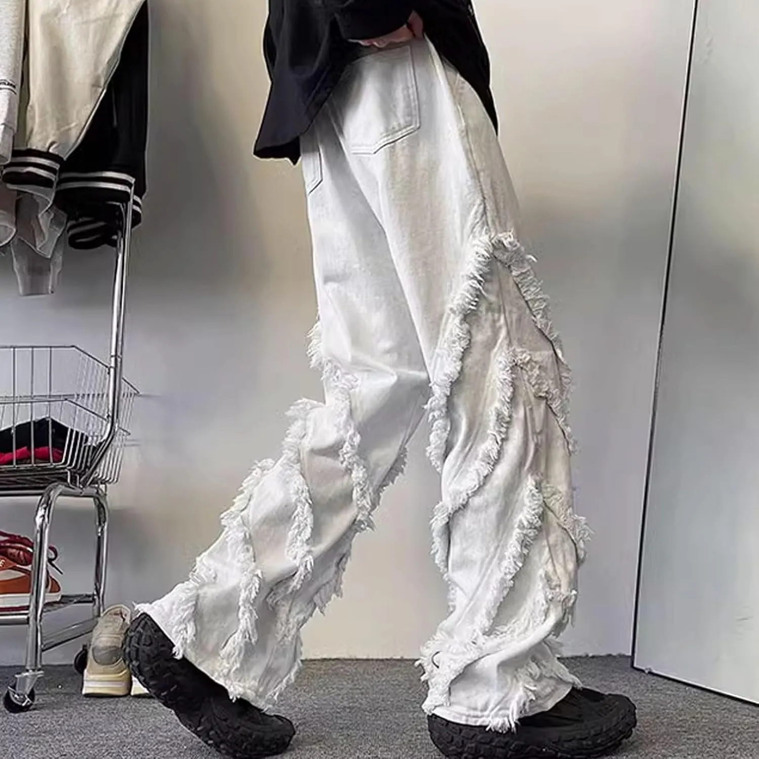 Men's Ripped Baggy Jeans Vintage Y2K Hip Hop Wide Leg Distressed Cargo Denim Pants Fit Skater