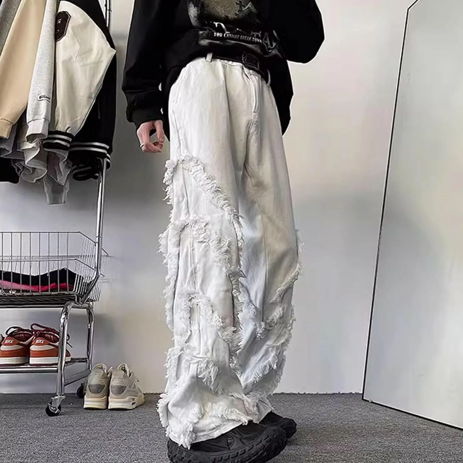 Men's Ripped Baggy Jeans Vintage Y2K Hip Hop Wide Leg Distressed Cargo Denim Pants Fit Skater