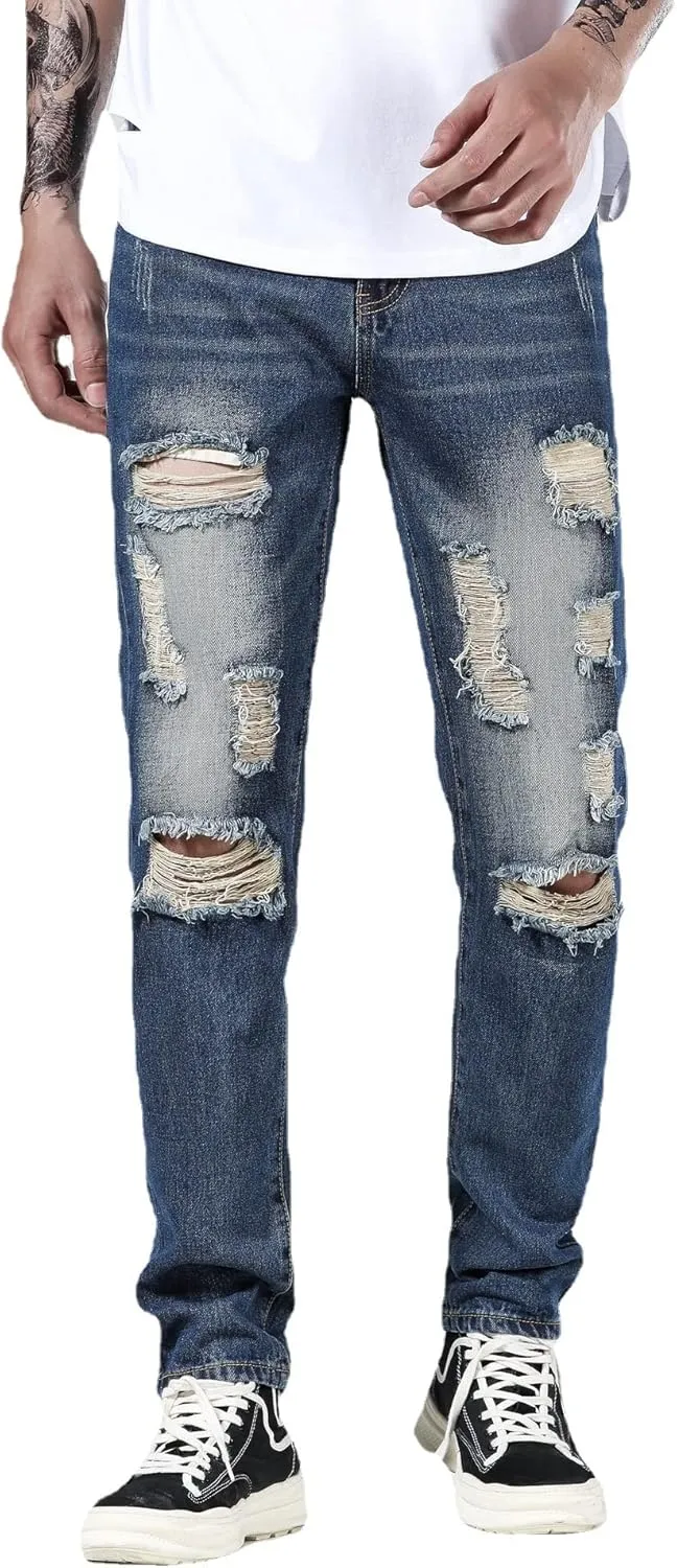 Men's Ripped Distressed Destroyed Straight Fit Washed Denim Jeans Pants