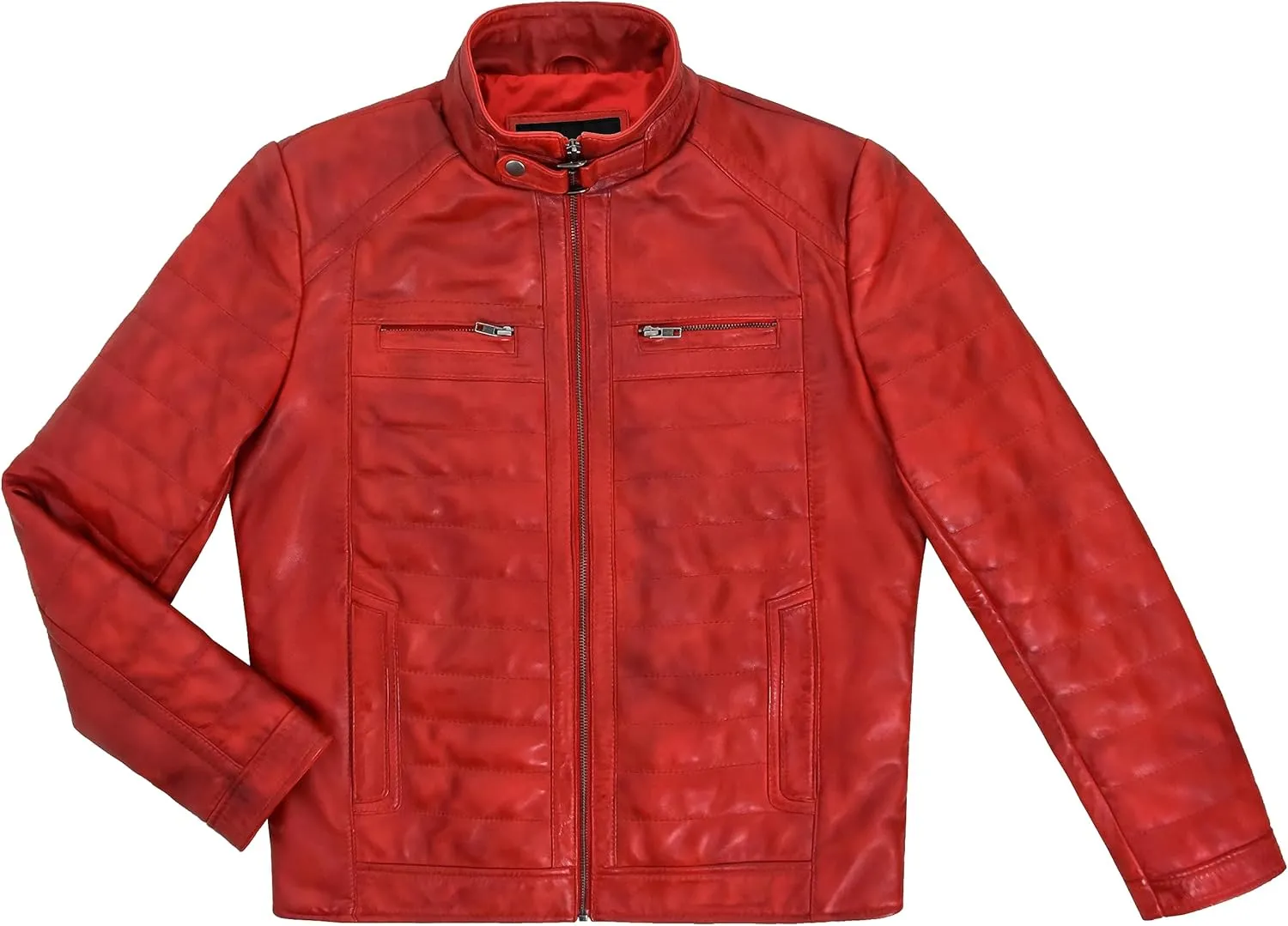 Men's Sports Fashion Quilted Padded Puffy Lambskin Leather Casual Biker Jacket 2448