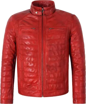 Men's Sports Fashion Quilted Padded Puffy Lambskin Leather Casual Biker Jacket 2448