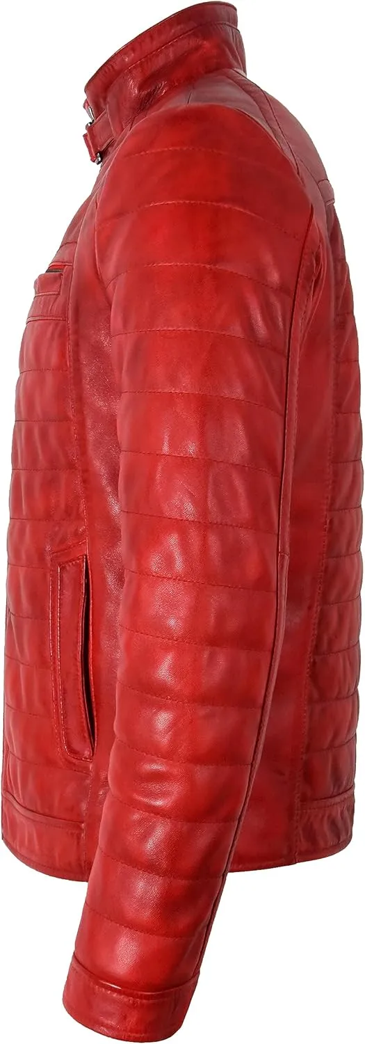 Men's Sports Fashion Quilted Padded Puffy Lambskin Leather Casual Biker Jacket 2448