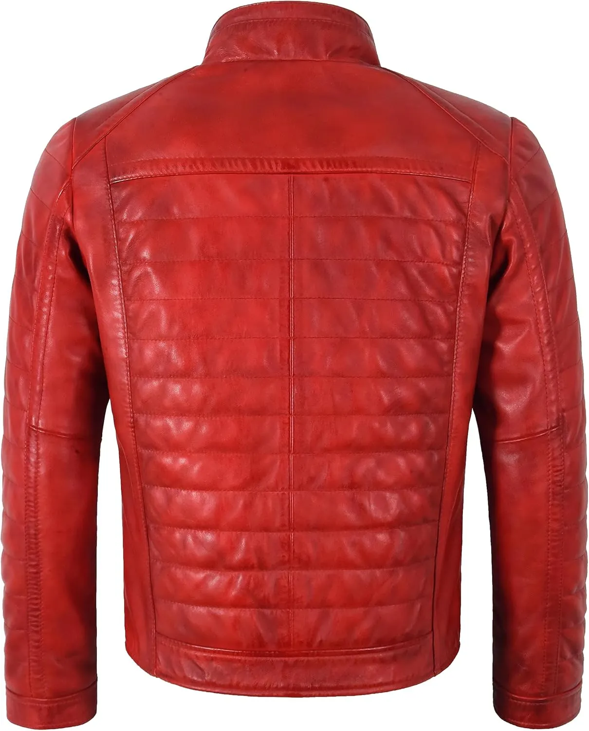 Men's Sports Fashion Quilted Padded Puffy Lambskin Leather Casual Biker Jacket 2448