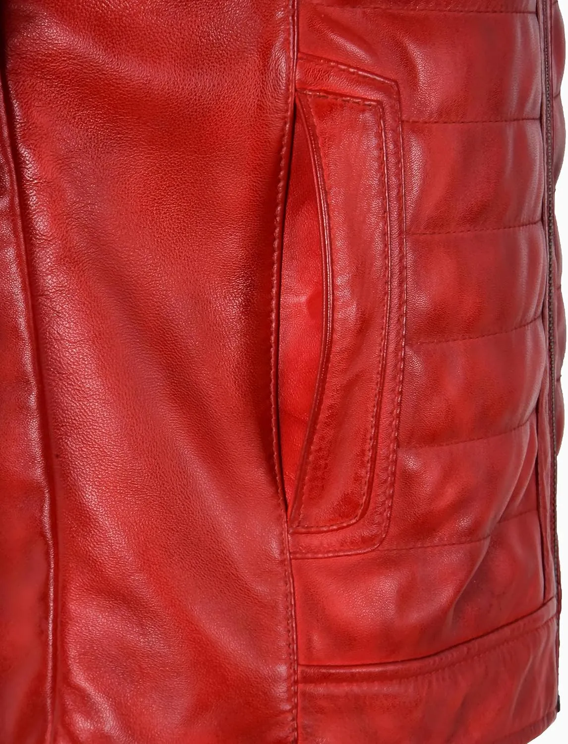 Men's Sports Fashion Quilted Padded Puffy Lambskin Leather Casual Biker Jacket 2448