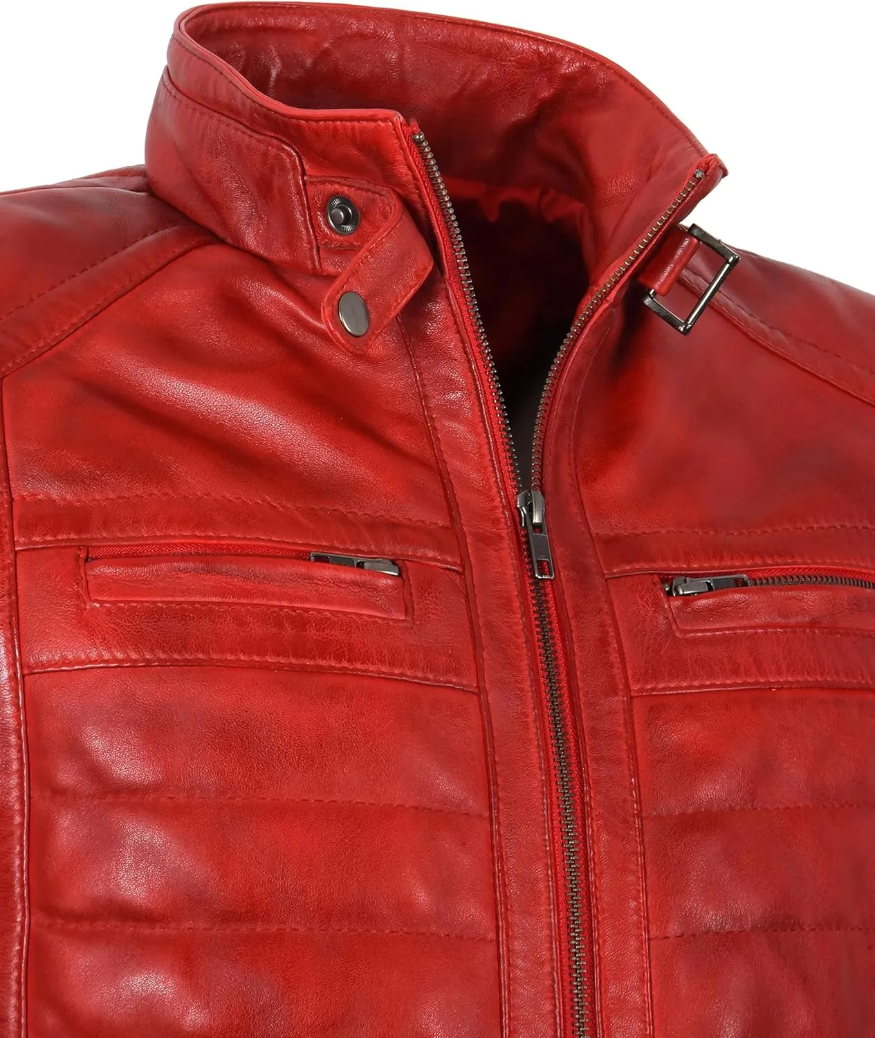 Men's Sports Fashion Quilted Padded Puffy Lambskin Leather Casual Biker Jacket 2448
