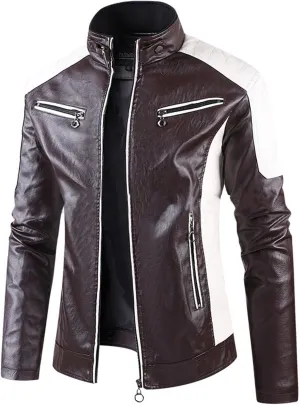 Men's Stand Collar Leather Jacket Fall Trendy Color Block Motor Biker Jacket Full Zip Outerwear Coats S-5XL