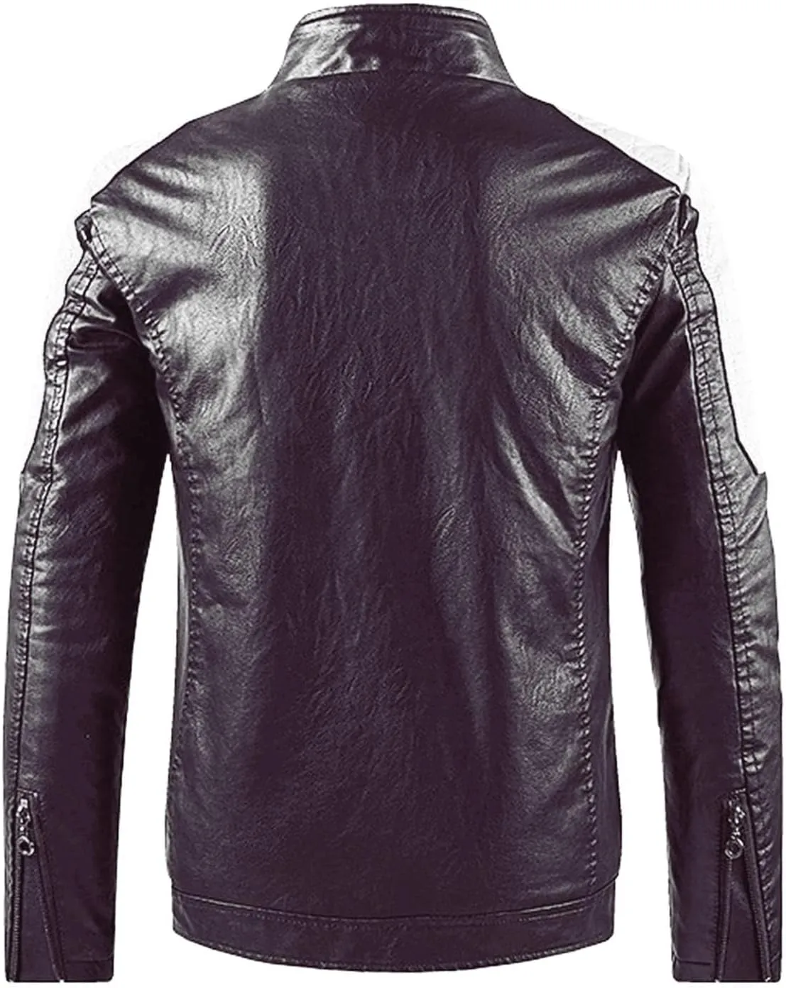 Men's Stand Collar Leather Jacket Fall Trendy Color Block Motor Biker Jacket Full Zip Outerwear Coats S-5XL