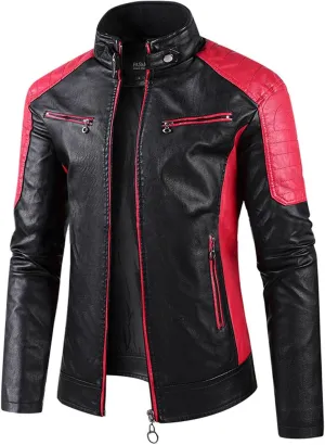 Men's Stand Collar Leather Jacket Fall Trendy Color Block Motor Biker Jacket Full Zip Outerwear Coats S-5XL