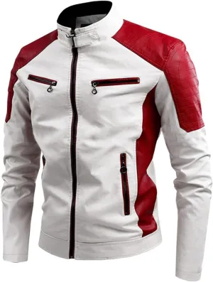 Men's Stand Collar Leather Jacket Fall Trendy Color Block Motor Biker Jacket Full Zip Outerwear Coats S-5XL