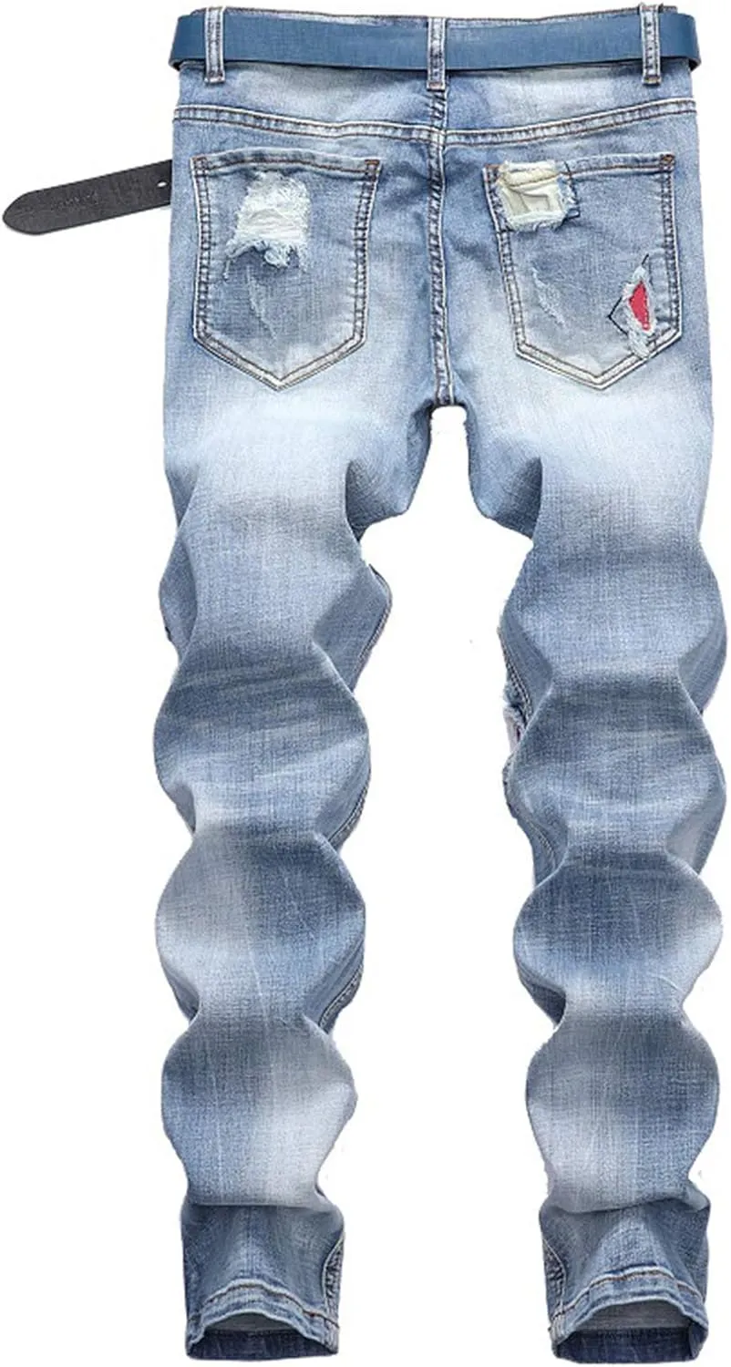 Men's Streetwear Distressed Washed Stretch Ripped Biker Jeans Denim Pants