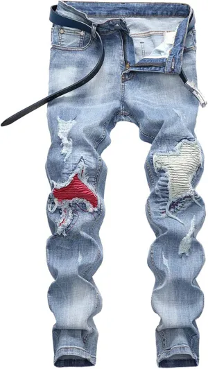 Men's Streetwear Distressed Washed Stretch Ripped Biker Jeans Denim Pants