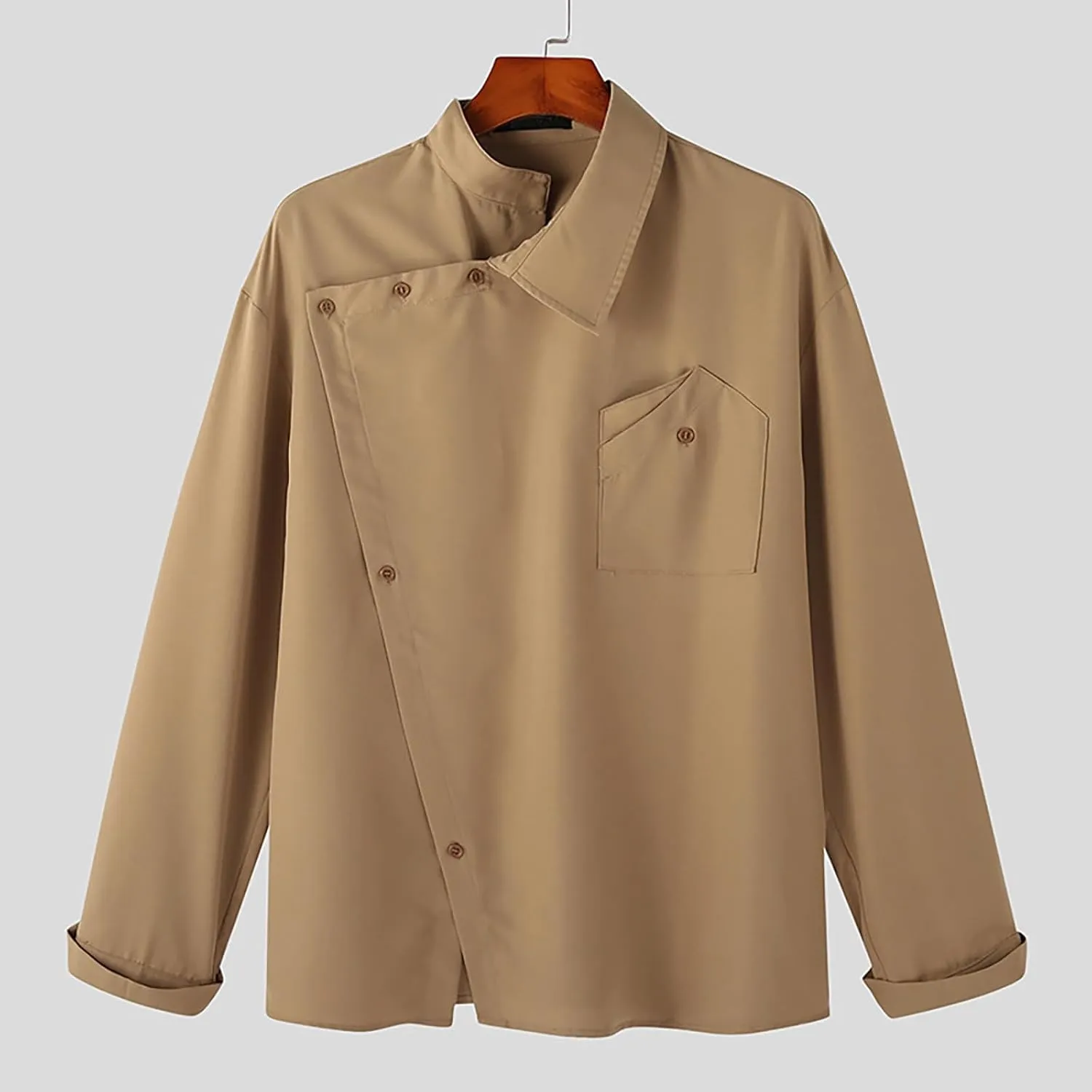 Mens Stylish Irregular Stand Collar Shirt Long Sleeve Loose Fit Casual Streetwear Tunic Top Button Up Dress Shirts