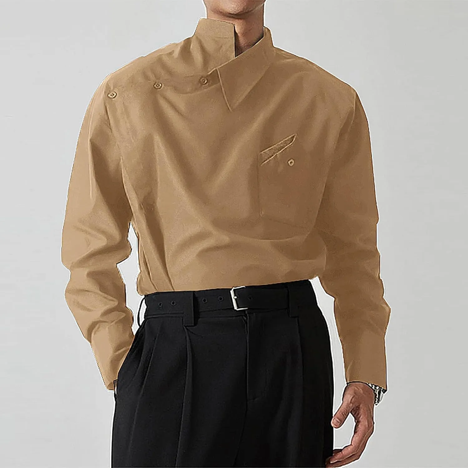 Mens Stylish Irregular Stand Collar Shirt Long Sleeve Loose Fit Casual Streetwear Tunic Top Button Up Dress Shirts