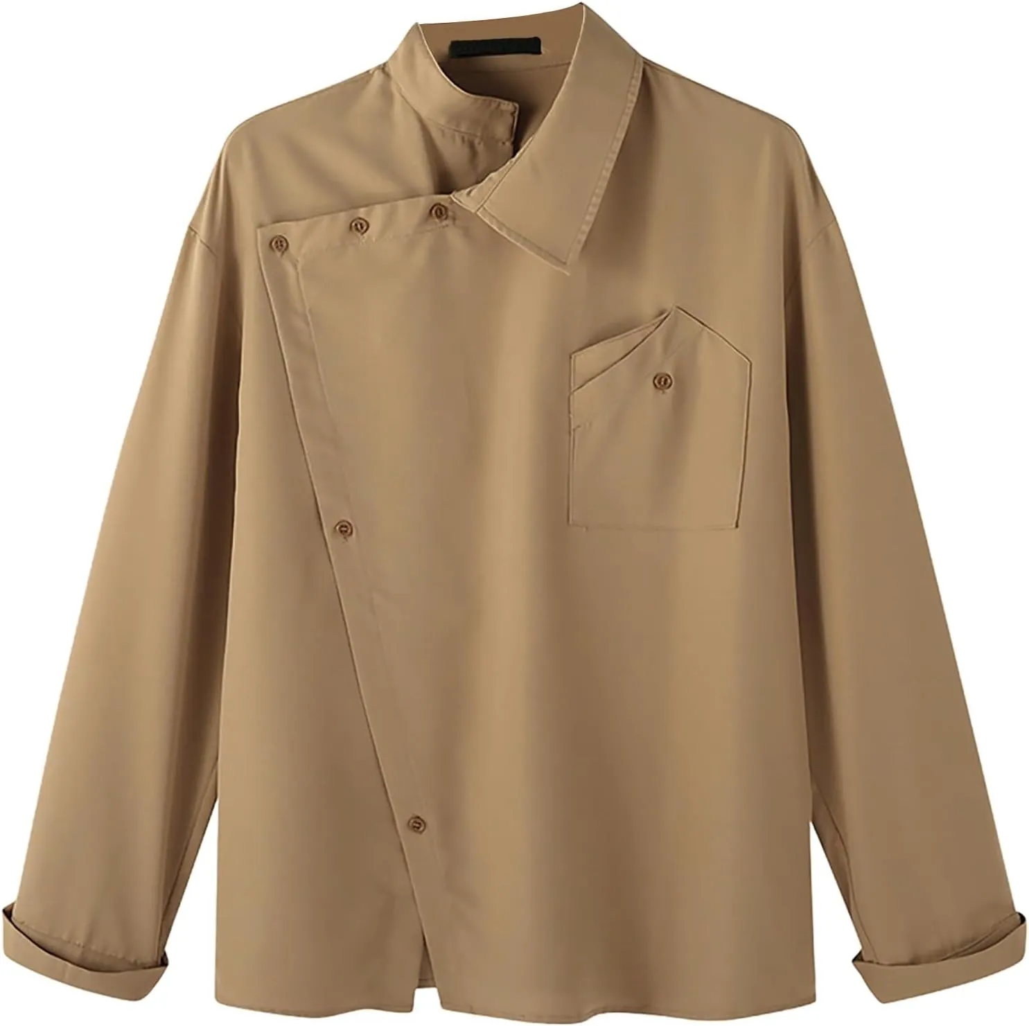 Mens Stylish Irregular Stand Collar Shirt Long Sleeve Loose Fit Casual Streetwear Tunic Top Button Up Dress Shirts