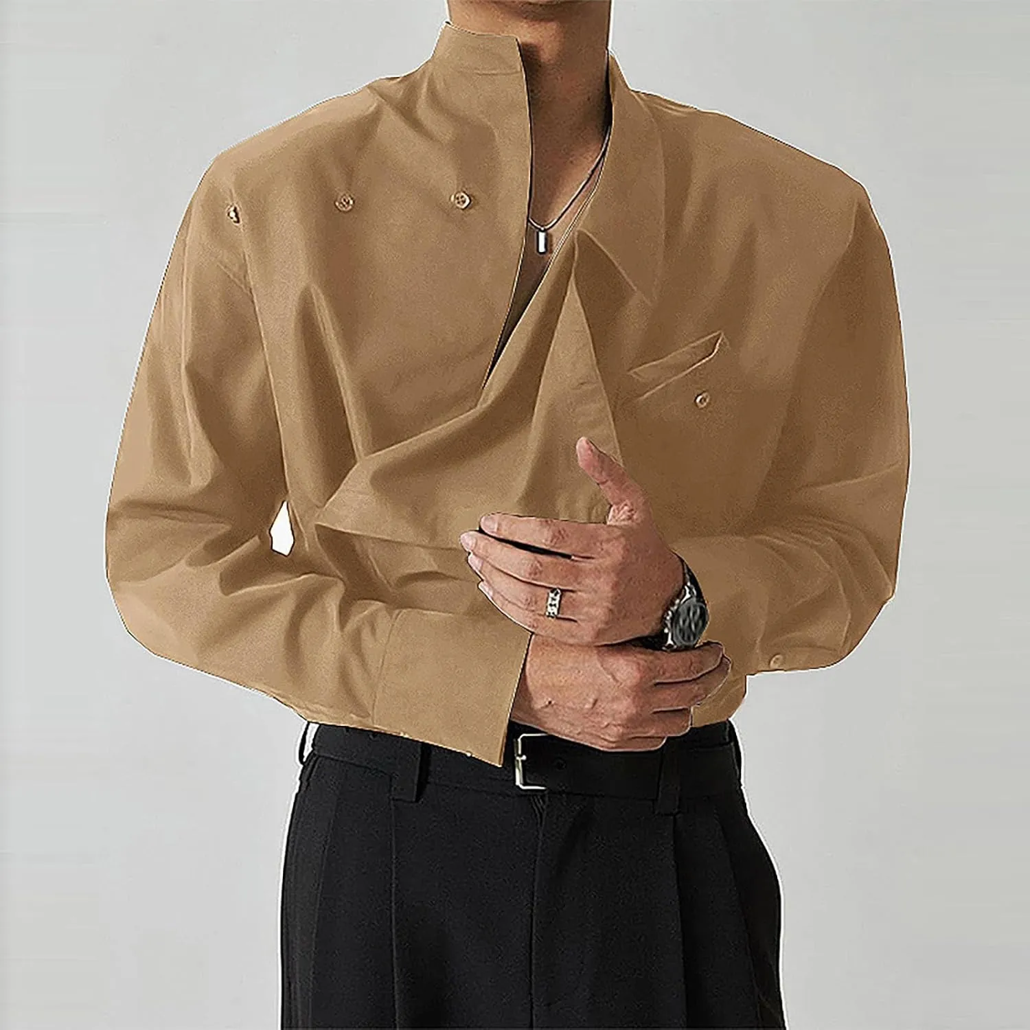 Mens Stylish Irregular Stand Collar Shirt Long Sleeve Loose Fit Casual Streetwear Tunic Top Button Up Dress Shirts