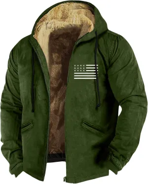 Men's Western Vintage Print Sherpa Fleece Lined Jackets Winter Warm Cozy Outerwear Quilted Down Varsity Coat Hooded