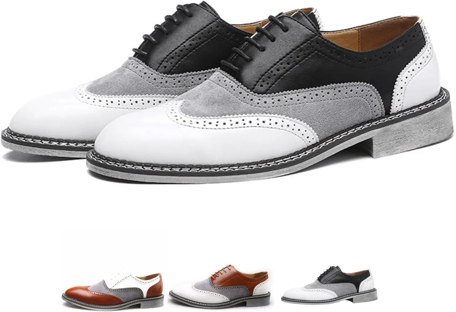 Men's Wingtip Two Tone Patchwork Brogue Oxfords Shoes: Fashion Classic Round-Toe Lace Up Low Top Leather Dress Shoes