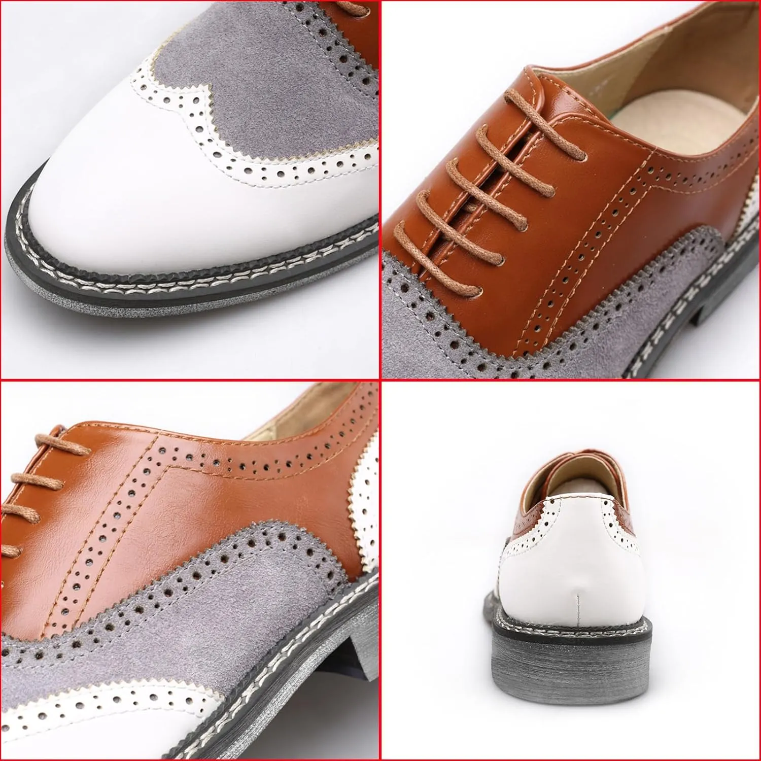 Men's Wingtip Two Tone Patchwork Brogue Oxfords Shoes: Fashion Classic Round-Toe Lace Up Low Top Leather Dress Shoes