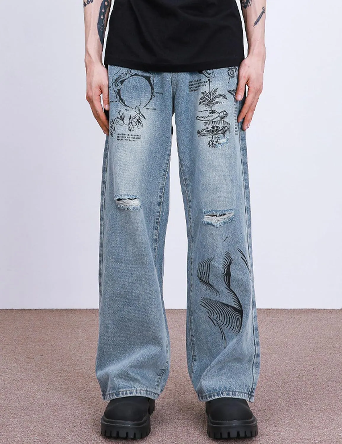 Men's Y2K Jeans Hip Hop Baggy Denim Pants Spiderweb Graphic Jeans Goth Denim Joggers Streetwear