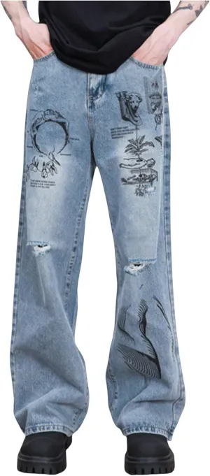 Men's Y2K Jeans Hip Hop Baggy Denim Pants Spiderweb Graphic Jeans Goth Denim Joggers Streetwear