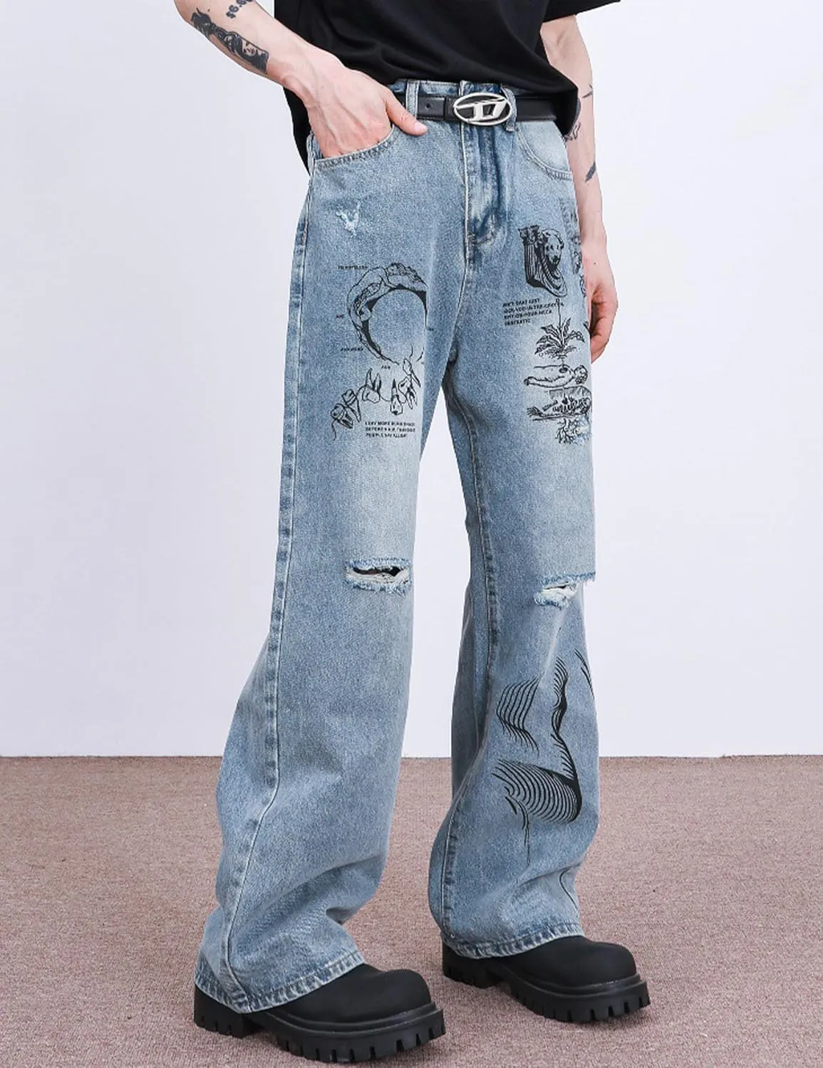 Men's Y2K Jeans Hip Hop Baggy Denim Pants Spiderweb Graphic Jeans Goth Denim Joggers Streetwear