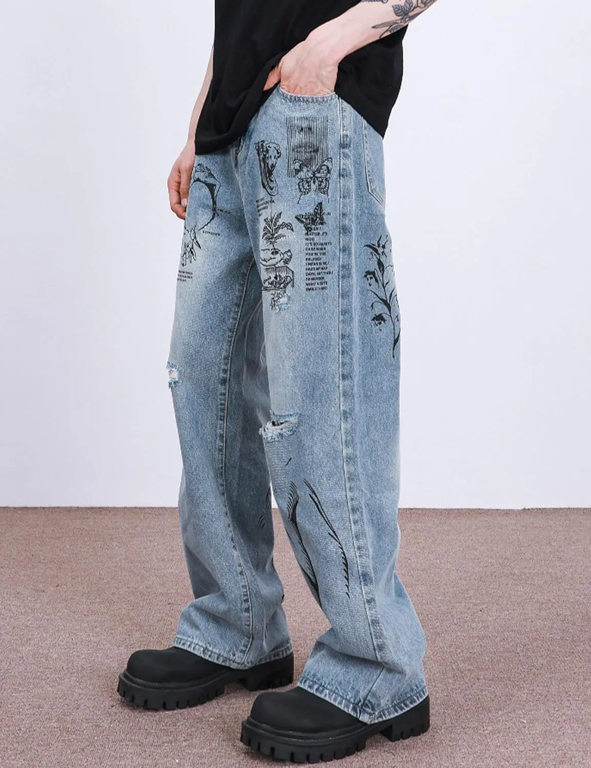 Men's Y2K Jeans Hip Hop Baggy Denim Pants Spiderweb Graphic Jeans Goth Denim Joggers Streetwear