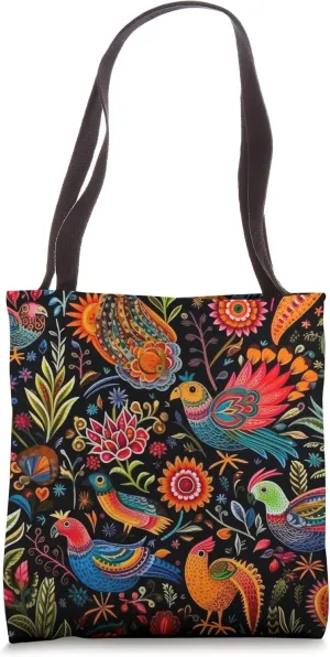 Mexican Embroidery Pattern Art Birds Flowers Tote Bag