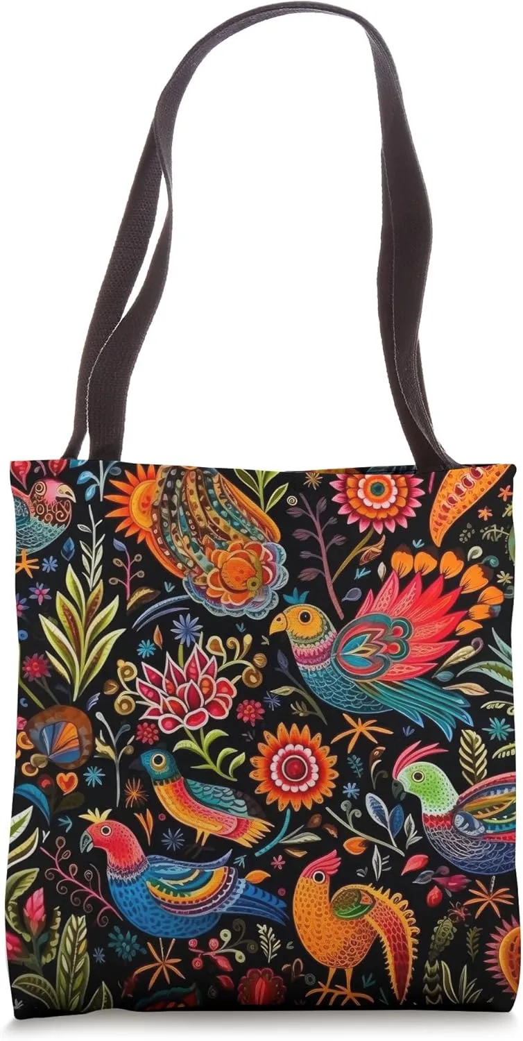 Mexican Embroidery Pattern Art Birds Flowers Tote Bag