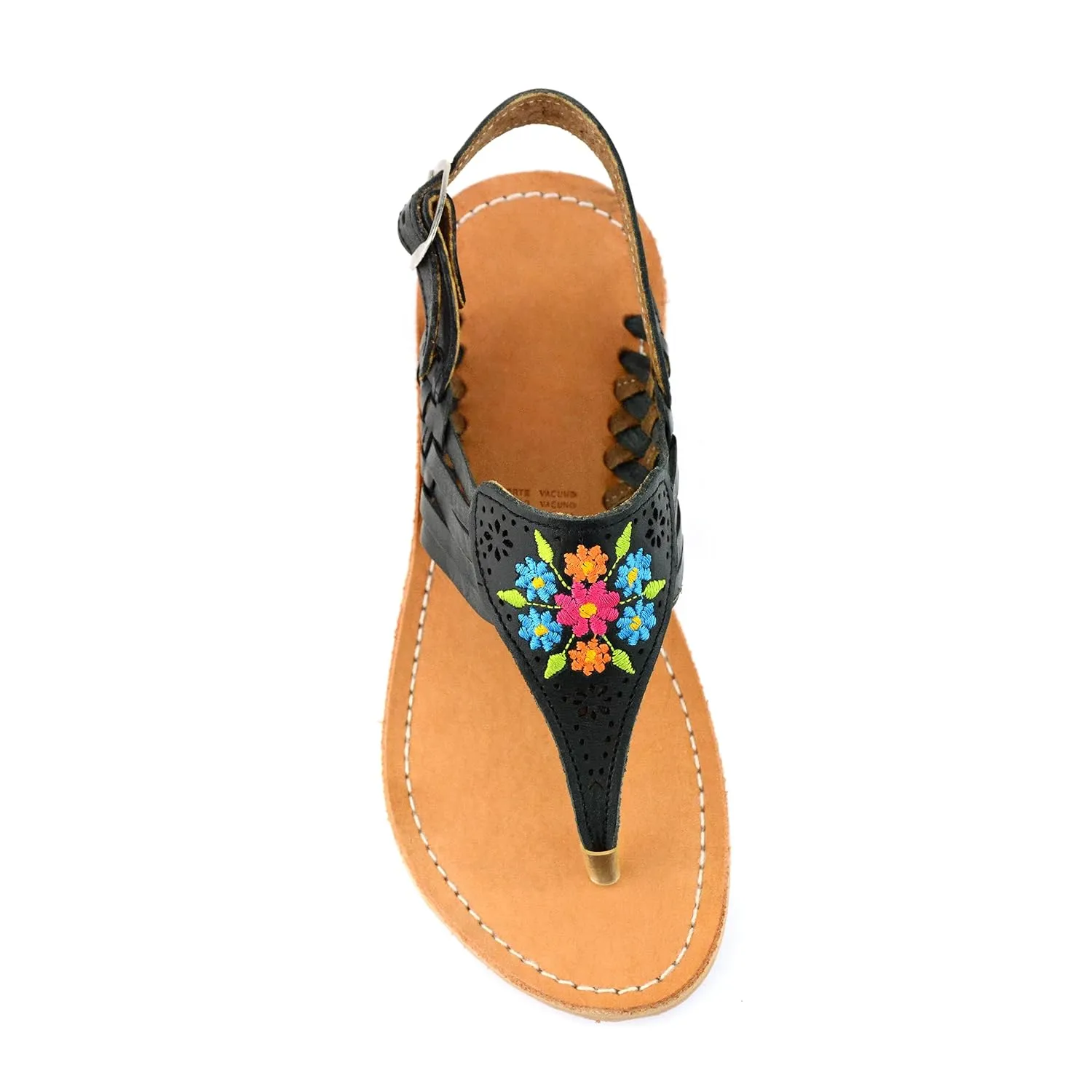 Mexican Leather Sandals with Embroidered Flowers for Women - Model 1314 (9, Black)