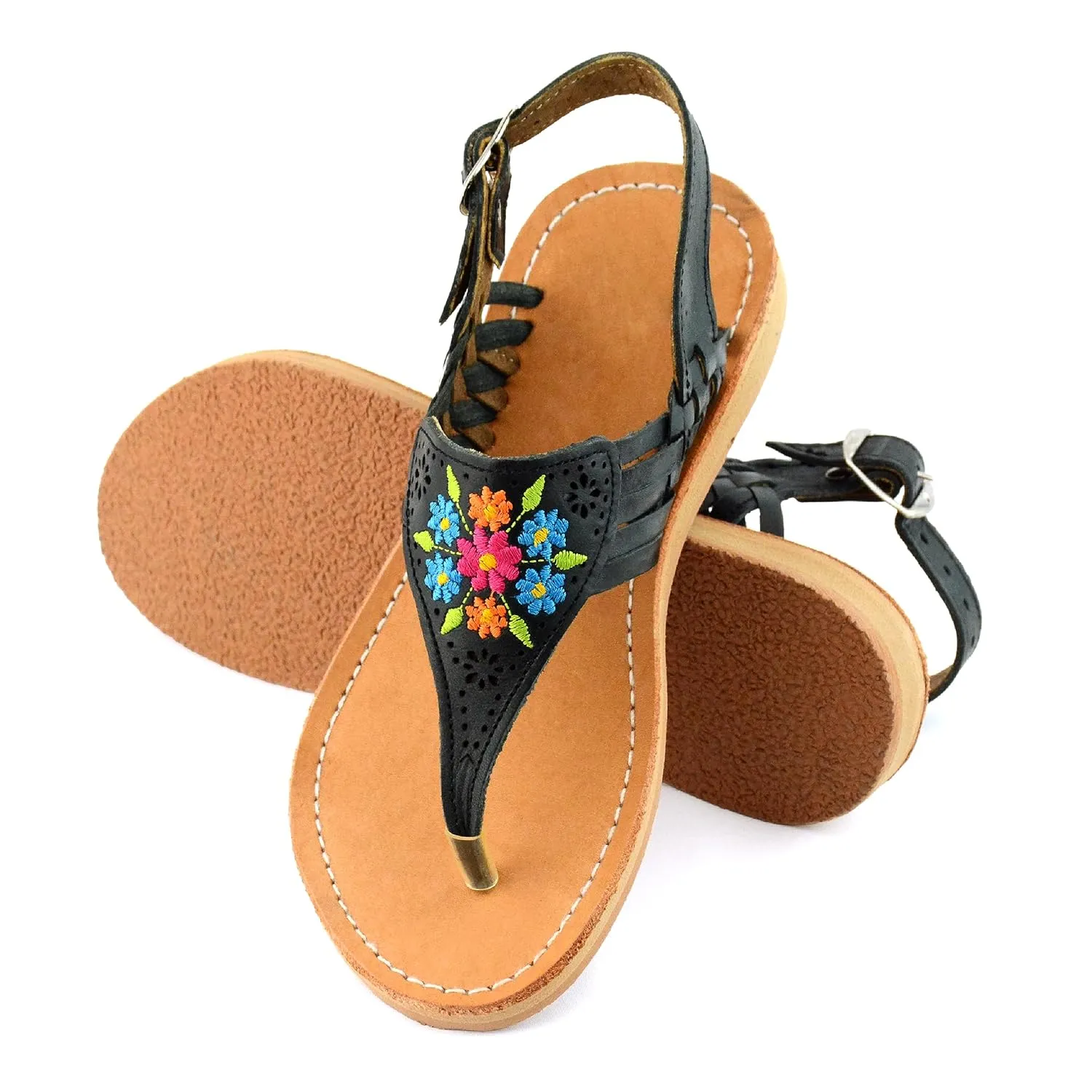 Mexican Leather Sandals with Embroidered Flowers for Women - Model 1314 (9, Black)