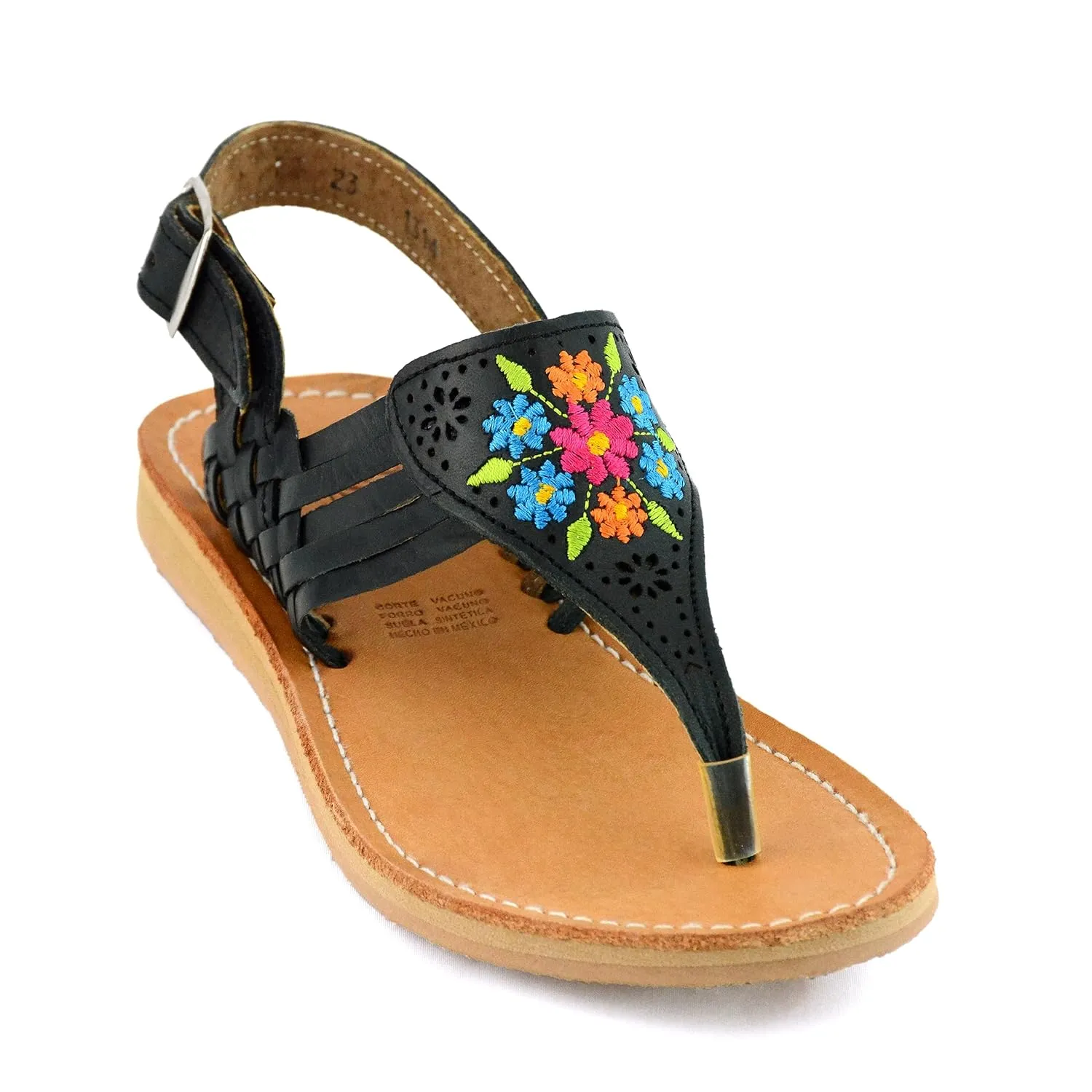 Mexican Leather Sandals with Embroidered Flowers for Women - Model 1314 (9, Black)