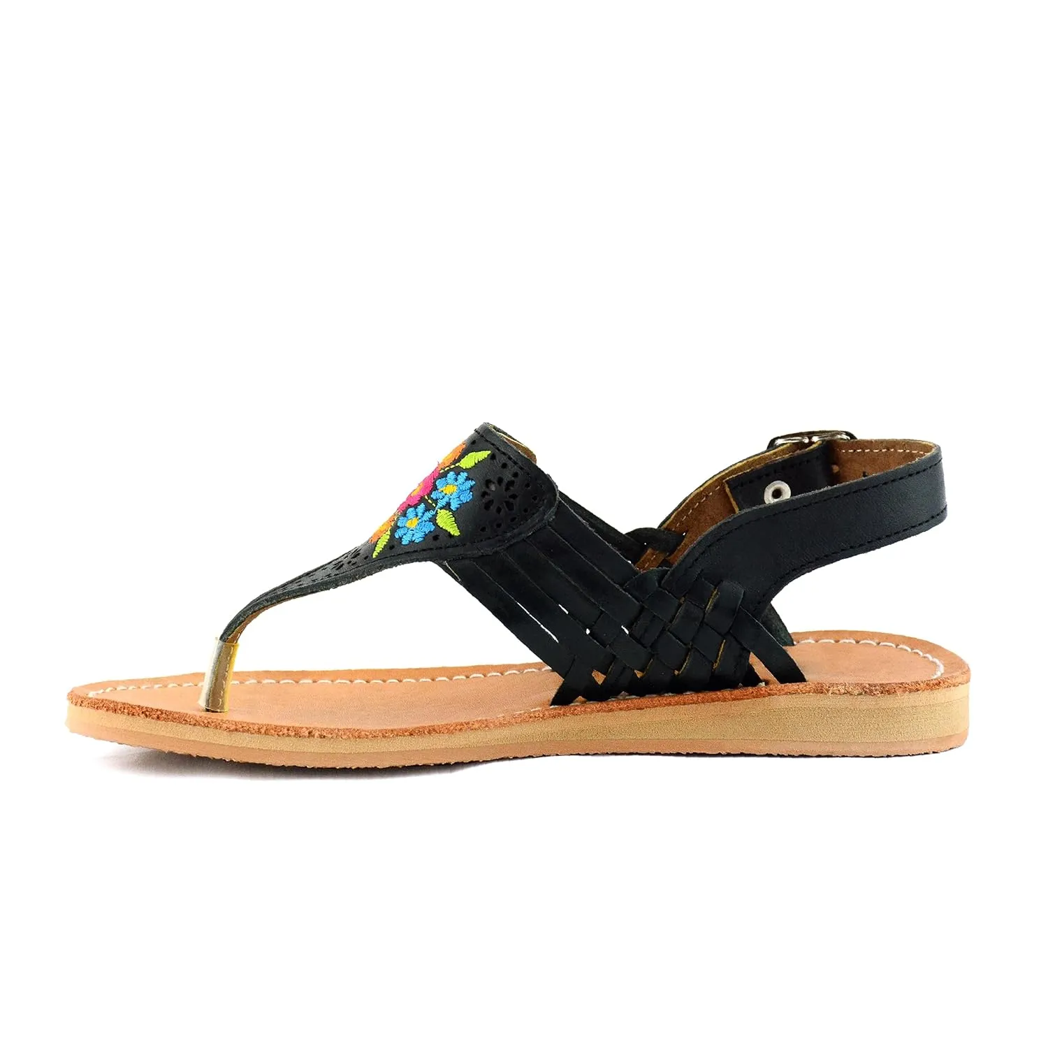 Mexican Leather Sandals with Embroidered Flowers for Women - Model 1314 (9, Black)