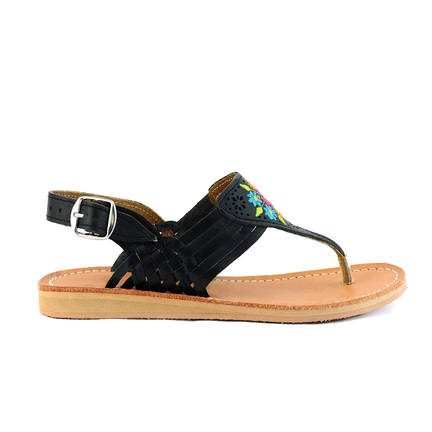 Mexican Leather Sandals with Embroidered Flowers for Women - Model 1314 (9, Black)