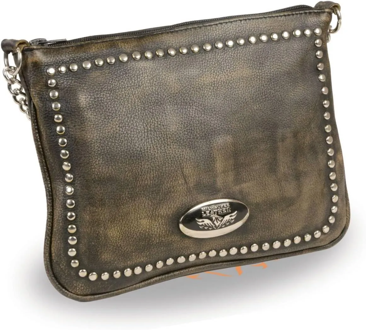 Milwaukee Leather MP8810 Women's Distress Brown Chain Strap Riveted Shoulder Bag
