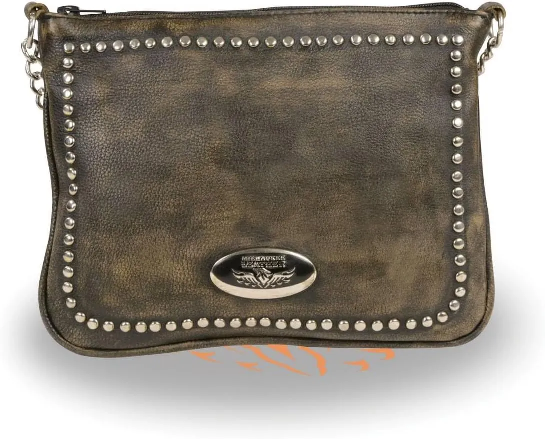 Milwaukee Leather MP8810 Women's Distress Brown Chain Strap Riveted Shoulder Bag
