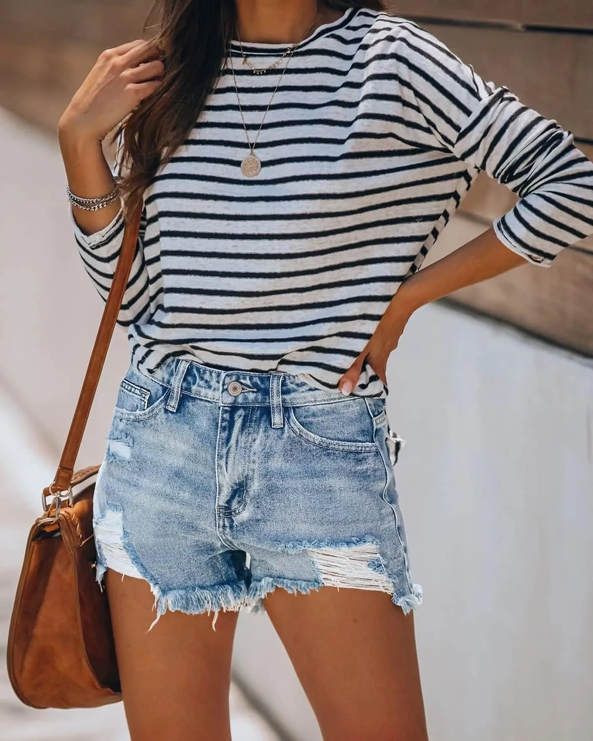 MINGALONDON Women's Denim Shorts Mid Waist Ripped Distressed