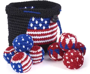Mini Bag Toss - Hacky Sack Game - Canasta Ball Yippi Yappa Kit - USA Edition - Crocheted Mini Bag Toss Game for Kids and Adults - Color Coded Balls with Basket, Indoor/Outdoor Play